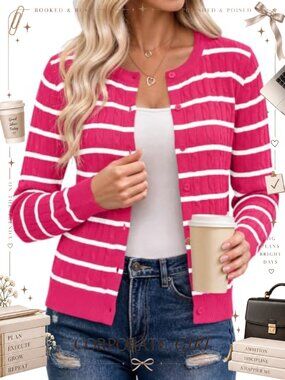 Womens Striped Cable Knit Button Down Cardigan Crewneck Long Sleeve Sweater